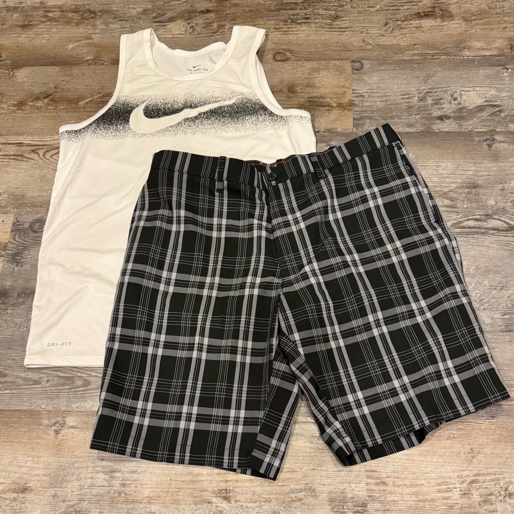Nike White Tank Top and Plaid Shorts Set